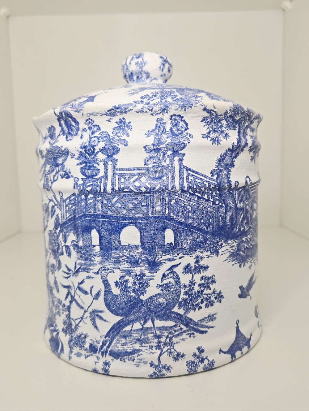 Blue & White Chinoiserie Toile Decoupage Canister w/ Lid Vintage Cottage Decore